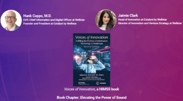 Cover of the book Voices of Innovation along with headshots for Dr. Hank Capps and Jaimie Clark.